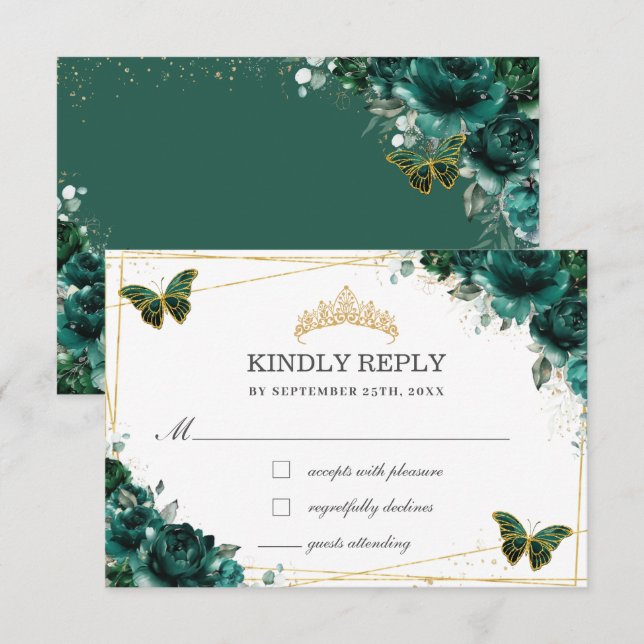 Emerald Floral Quinceañera Butterflies Antwort (Vorne/Hinten)