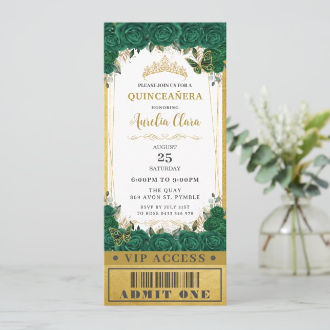 Emerald Floral Quinceañera Sweet 16 VIP Ticket Einladung (Stehend Vorderseite)