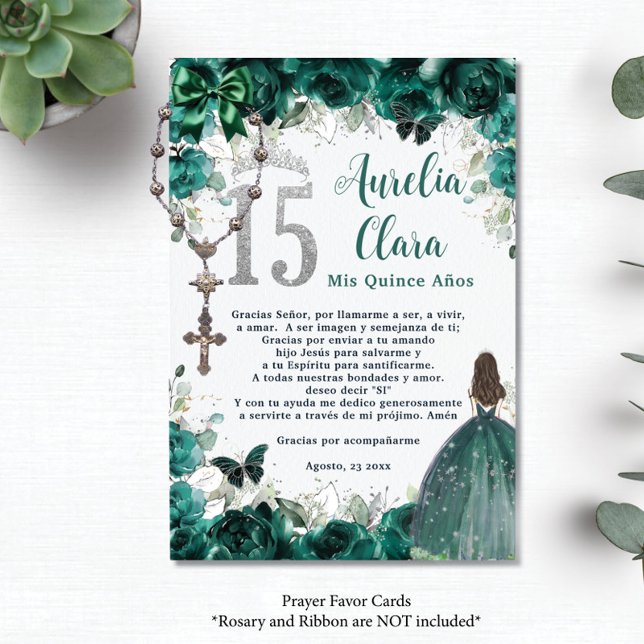 Emerald Floral Silver Quinceañera 15 Prayer Card Begleitkarte (Von Creator hochgeladen)