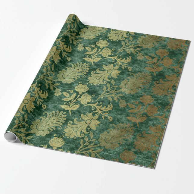 Emerald Floral Velvet Damask Geschenkpapier (Ungerollt)