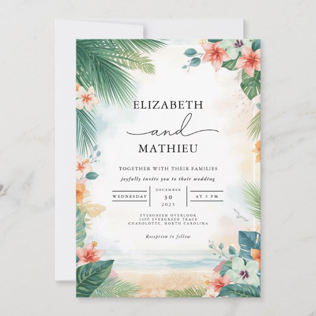 Emerald Frond Coral Bloom Wedding Einladung (Vorderseite)