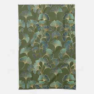 Emerald Ginkgo Eleganz – Luxuriöses Goldenes Botan Geschirrtuch