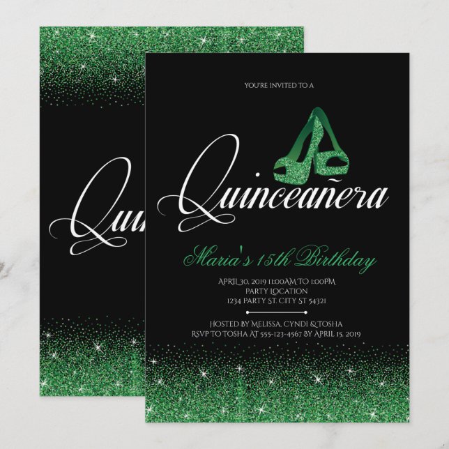 Emerald Glitzer, Einladungen von Quinceanera (Vorne/Hinten)