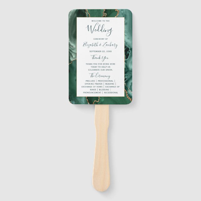 Emerald Gold Agate Green Script Wedding Program Fächer (Vorderseite)