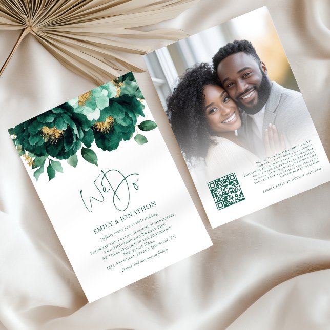 Emerald Gold Blume Foto QR Code Hochzeit Einladung (Front and back view)