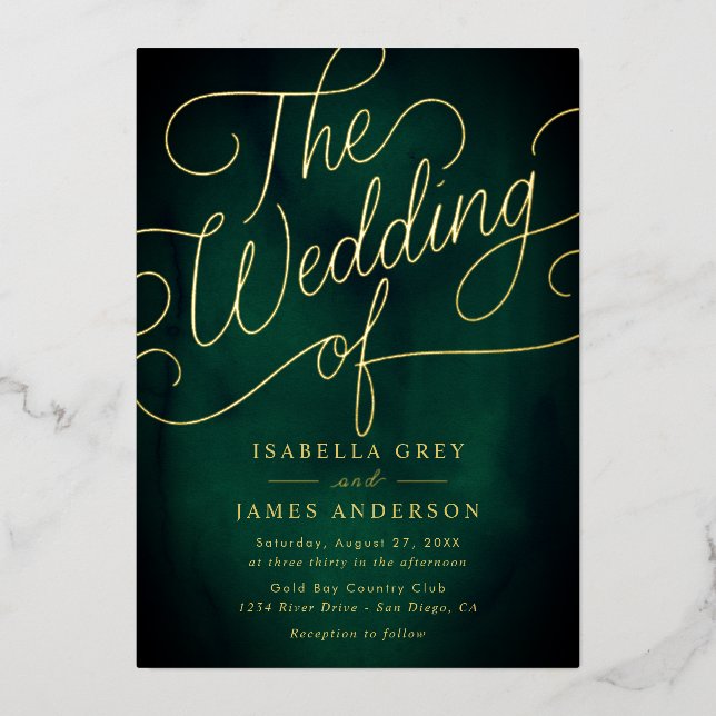 Emerald Gold Calligraphy Script Wedding Folieneinladung (Vorderseite)