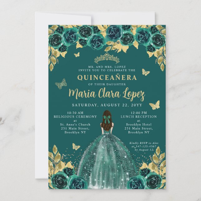 Emerald Gold Floral Butterfly Princess Quinceanera Einladung (Vorderseite)