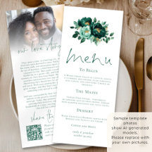 Emerald Gold Florals Liebe Story Wedding Menu Card