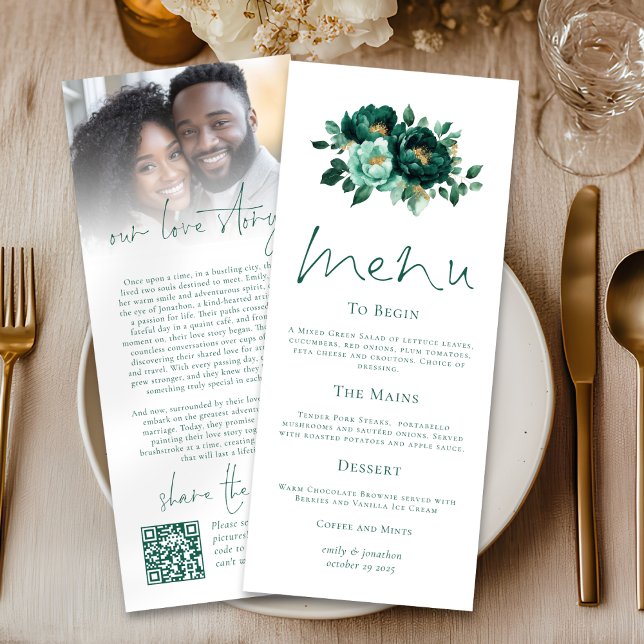 Emerald Gold Florals Liebe Story Wedding Menu Card Einladung (Front and back view)