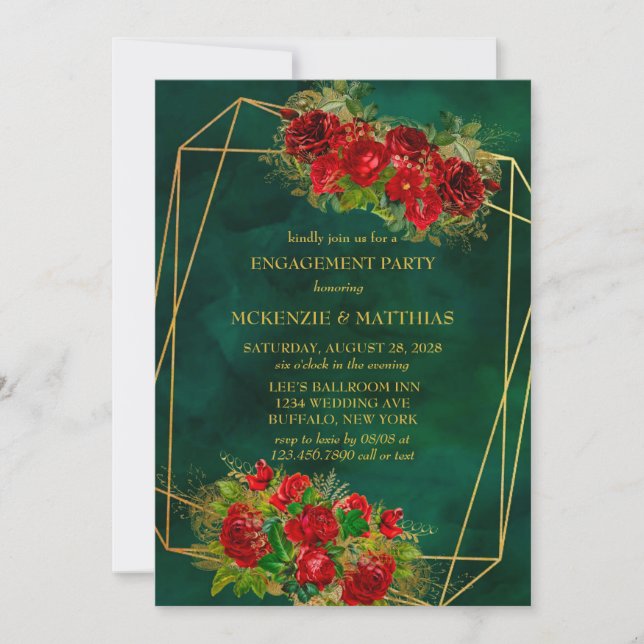 Emerald Gold Geometric Red Floral Engagement Party Einladung (Vorderseite)