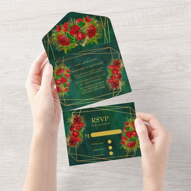 Emerald Gold Geometric Red Floral Wedding All In One Einladung (Abreißen)