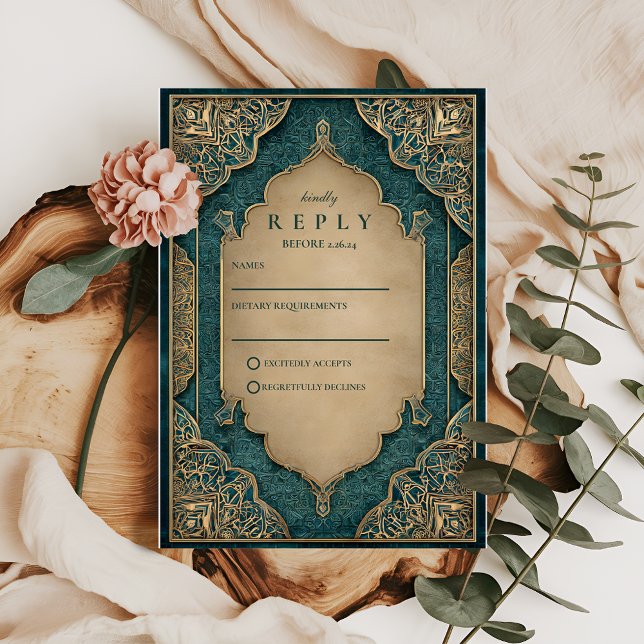 Emerald Gold Islamic Wedding RSVP Karte (Von Creator hochgeladen)