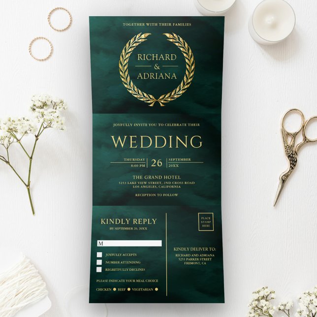 Emerald Gold Laurel Minimal bei einer Hochzeit Dreifach Gefaltete Einladung (Von Creator hochgeladen)