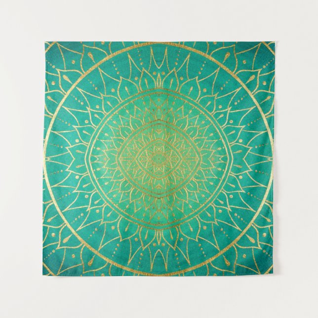Emerald Gold Mandala Green Wandteppich (Vorderseite)