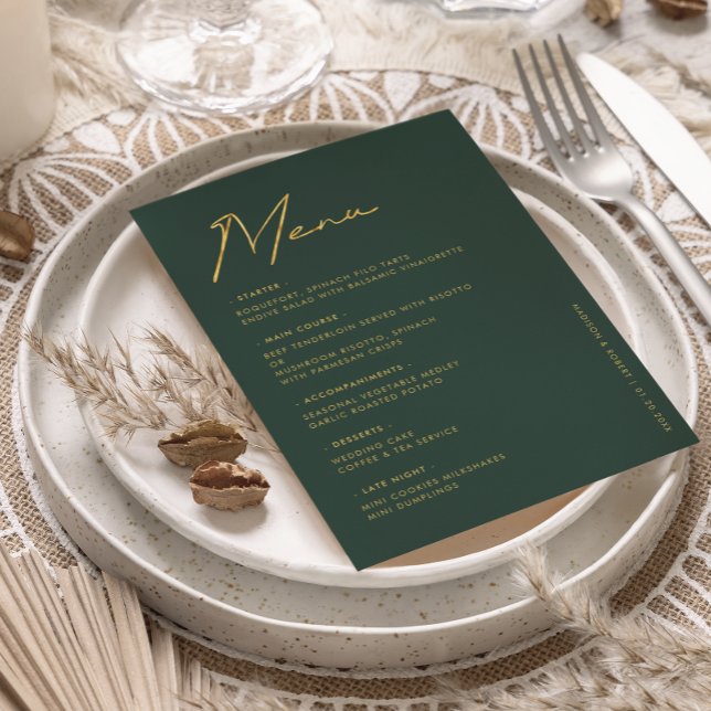Emerald Gold Modern Typographie Mariage Table Menu (Créateur téléchargé)