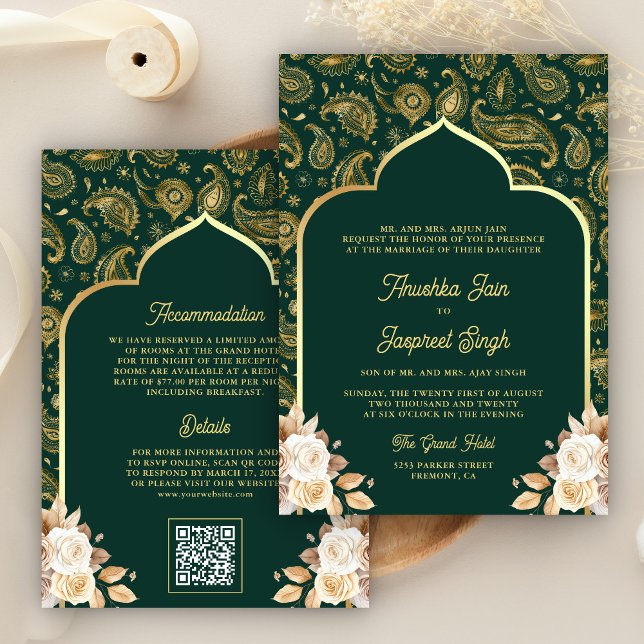 Emerald Gold Paisley Floral QR Code Indian Wedding Einladung (Von Creator hochgeladen)