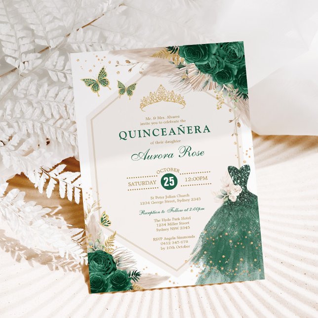 Emerald Gold Quinceañera Boho Floral Mis Quince 15 Einladung (Von Creator hochgeladen)