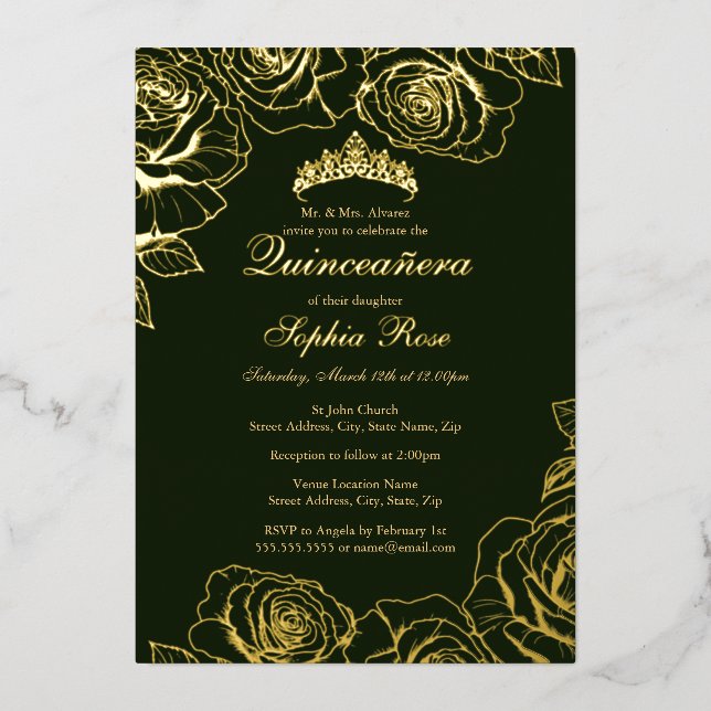 Emerald Gold Rose Garden Quinceanera Folieneinladung (Vorderseite)