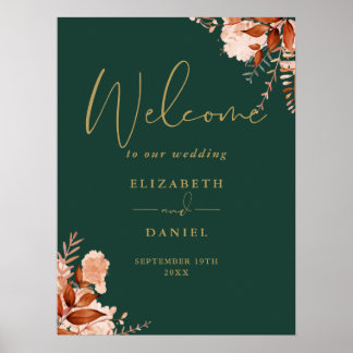 Emerald Gold Rustic Floral Wedding Welcome Sign Poster
