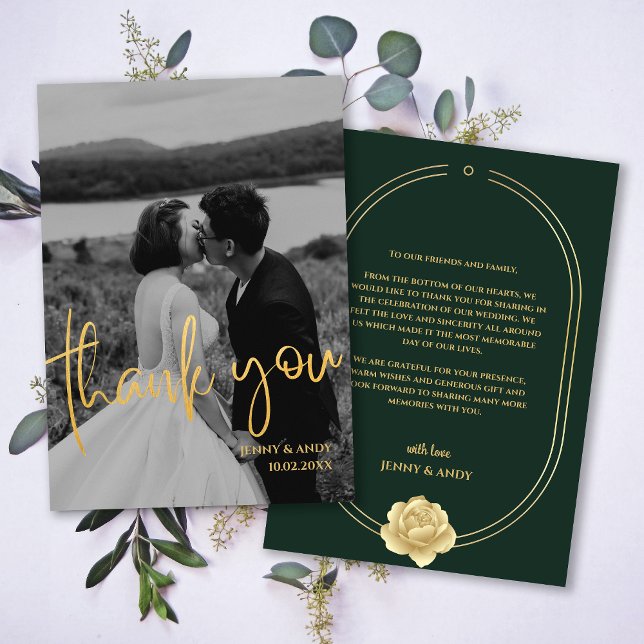Emerald Gold Script Modern Foto Danke Karte (Emerald Gold Script Modern Photo Thank You Card)