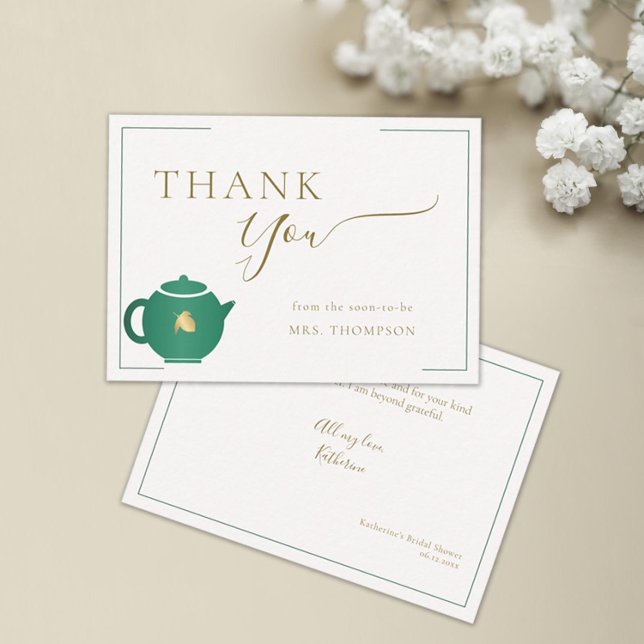 Emerald Gold Tea Elegantes Brautparty Vielen Dank Dankeskarte (tea with bride thank you card bridal shower emerald green gold elegant modern classic minimalist)