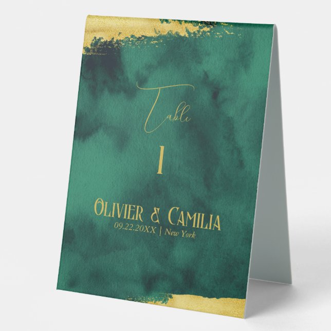 Emerald Gold Tischnummer SIgn for Wedding Tischaufsteller (Vorderseite)