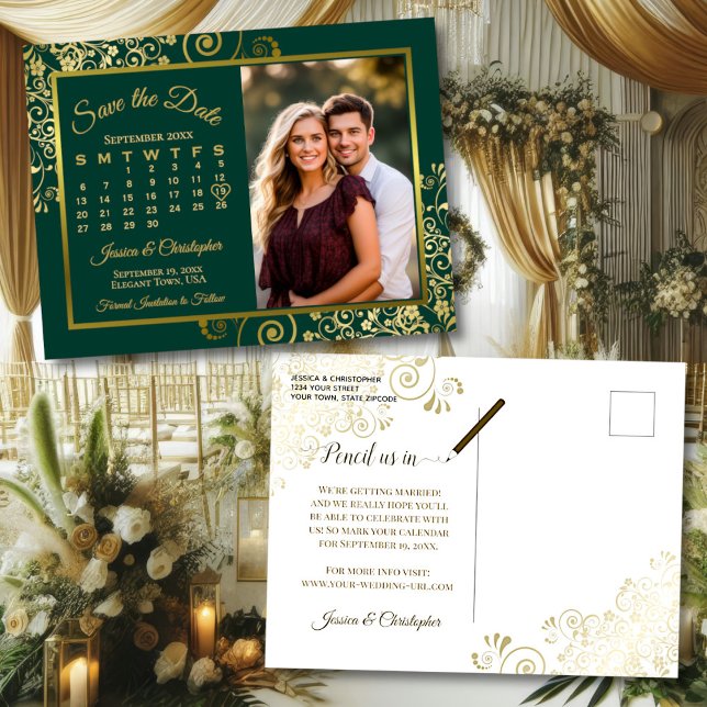 Emerald & Gold Wedding Rett Date Calendar Foto Ankündigungspostkarte (Front/Back)