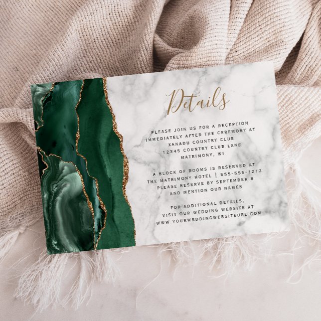 Emerald Greem Gold Agate Marble Wedding Details Begleitkarte (Von Creator hochgeladen)