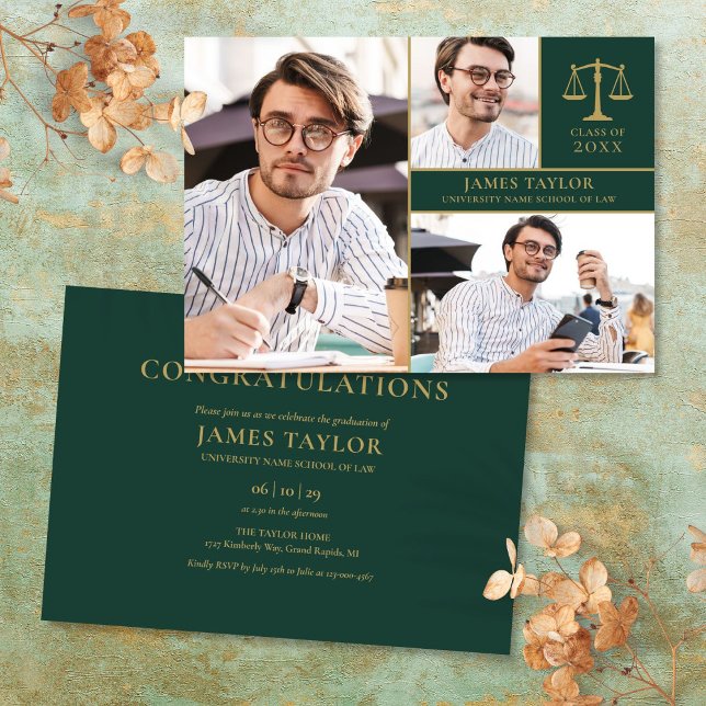 Emerald Green 3 Foto Law School Graduation Party Einladung (Emerald Green 3 Photo Law School Graduation Party Invitation)