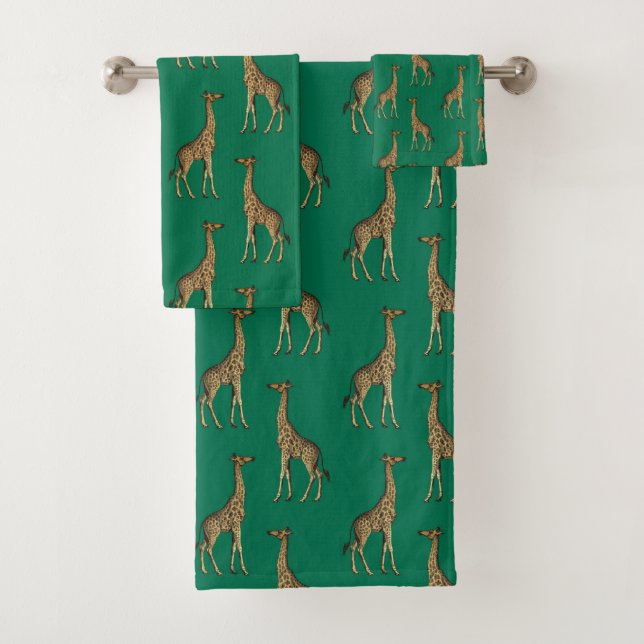 EMERALD GREEN AFRICAN GIRAFFE BADEZIMMER TOWEL SET (Insitu)