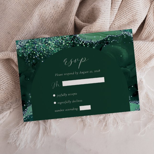 Emerald Green Agate Arch Silver Glitzer Wedding RSVP Karte (Von Creator hochgeladen)