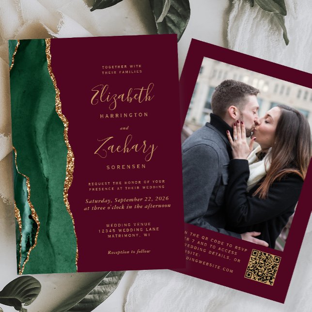 Emerald Green Agate Burgundy Foto QR Code Wedding Einladung (Von Creator hochgeladen)