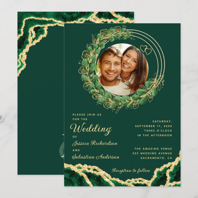 Emerald Green Agate Eucalyptus Jewel Tone Wedding Einladung (Vorne/Hinten)