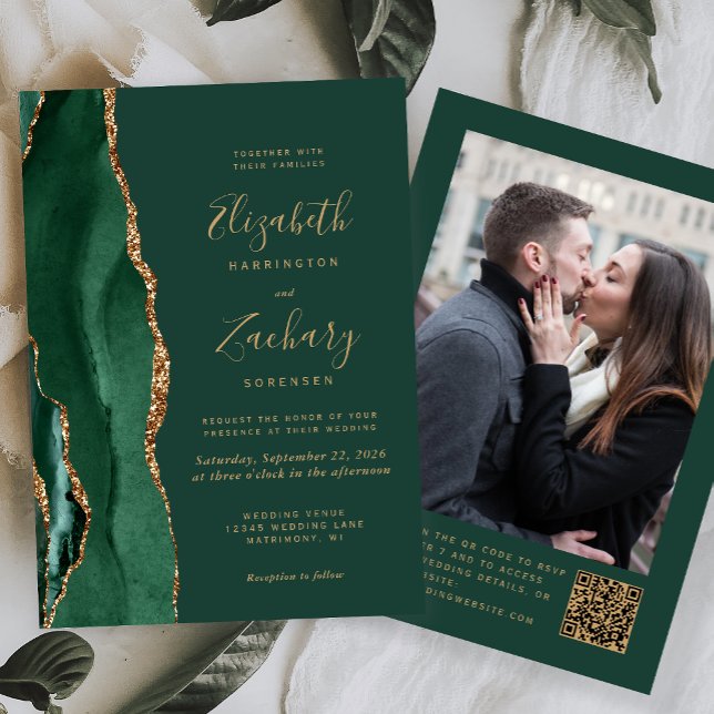 Emerald Green Agate Foto QR Code Wedding Einladung (Von Creator hochgeladen)