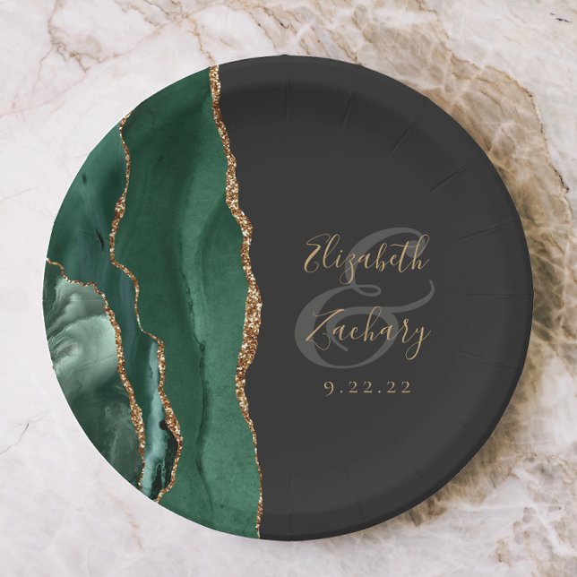 Emerald Green Agate Gold Dark Wedding Pappteller (Von Creator hochgeladen)