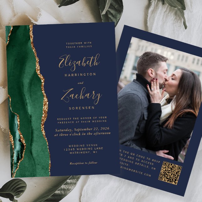 Emerald Green Agate Navy Foto QR Code Hochzeit Einladung (Von Creator hochgeladen)