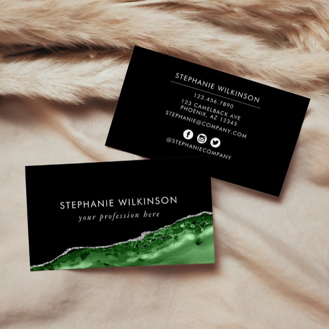 Emerald Green Agate & Silver Glitzer Border Black Visitenkarte (Green Agate & Silver Glitter Border Black Business Card)