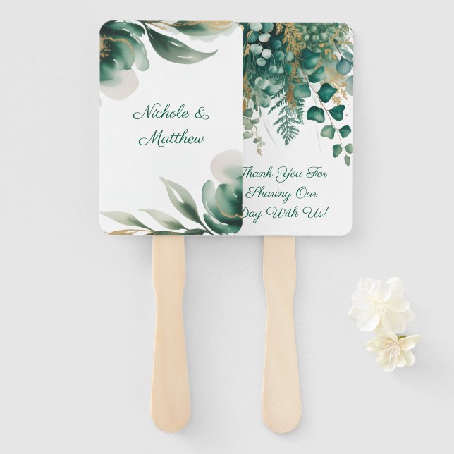 Emerald Green and Gold Floral Frame Wedding Fächer (Vorne und Hinten)