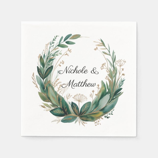 Emerald Green and Gold Floral Frame Wedding Serviette (Vorderseite)