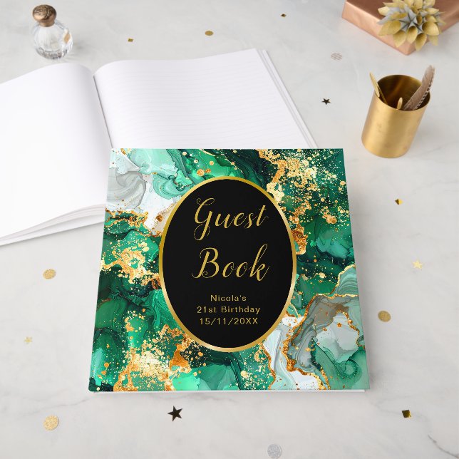 Emerald Green and Gold Marble Agate Birthday Party Gästebuch (Vorderseite offen)