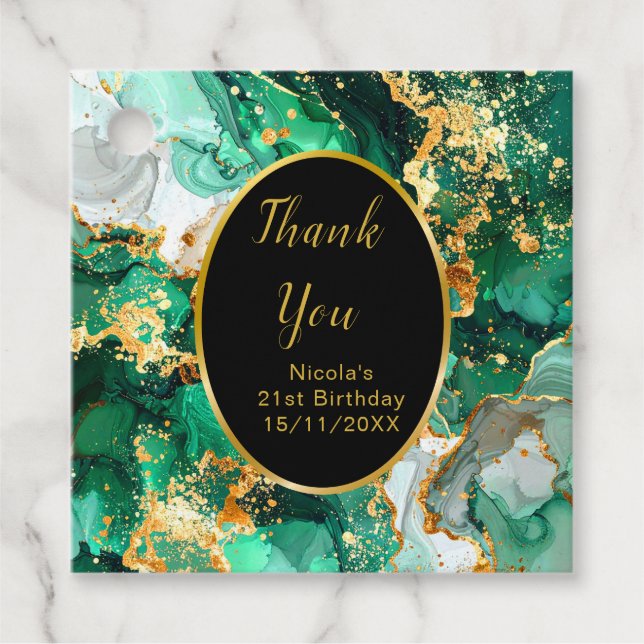 Emerald Green and Gold Marble Agate Birthday Party Geschenkanhänger (Vorderseite)
