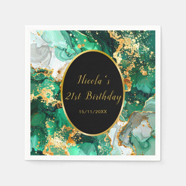 Emerald Green and Gold Marble Agate Birthday Party Serviette (Vorderseite)