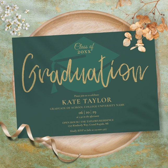 Emerald Green and Gold Script Graduation Party Einladung (Emerald Green And Gold Script Graduation Party Invitation)