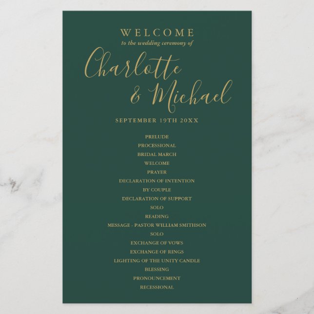 Emerald Green and Gold Script Wedding Program (Vorderseite)