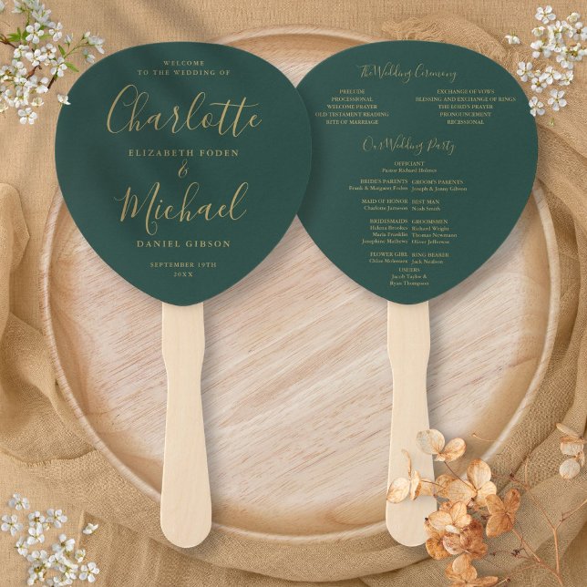 Emerald Green and Gold Wedding Program Fächer (Emerald Green And Gold Wedding Program Hand Fan)