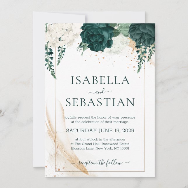 Emerald Green and White Rose Floral BUDGET Einladung (Vorderseite)