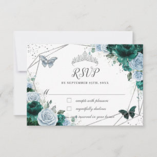 Emerald Green Baby Blue Floral Silver Quinceañera RSVP Karte