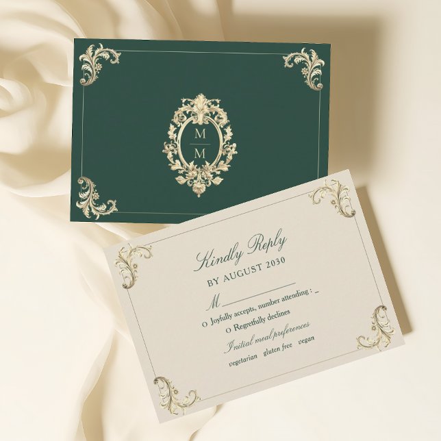 Emerald Green Baroque Gold Wedding RSVP Karte (Von Creator hochgeladen)