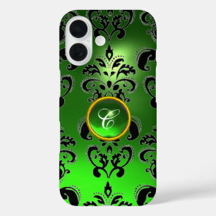 EMERALD GREEN BLACK DAMASK GEM MONOGRAM Floral iPhone 16 Hülle