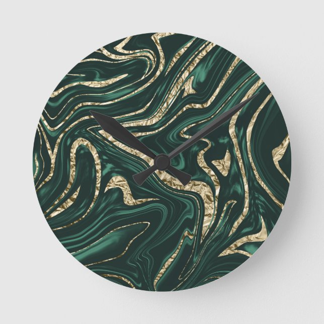 Emerald Green Black Gold Marmor #2 (Imitate Foil) Runde Wanduhr (Vorderseite)